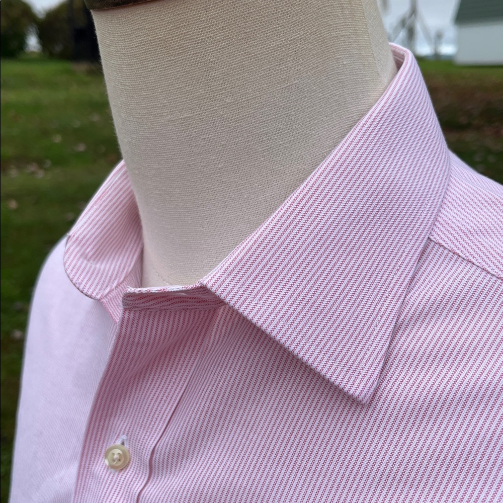 -Brooks Brothers Pale Red/White Pinstripe Slim Fit Button-Down L/S Shirt 15.5/33